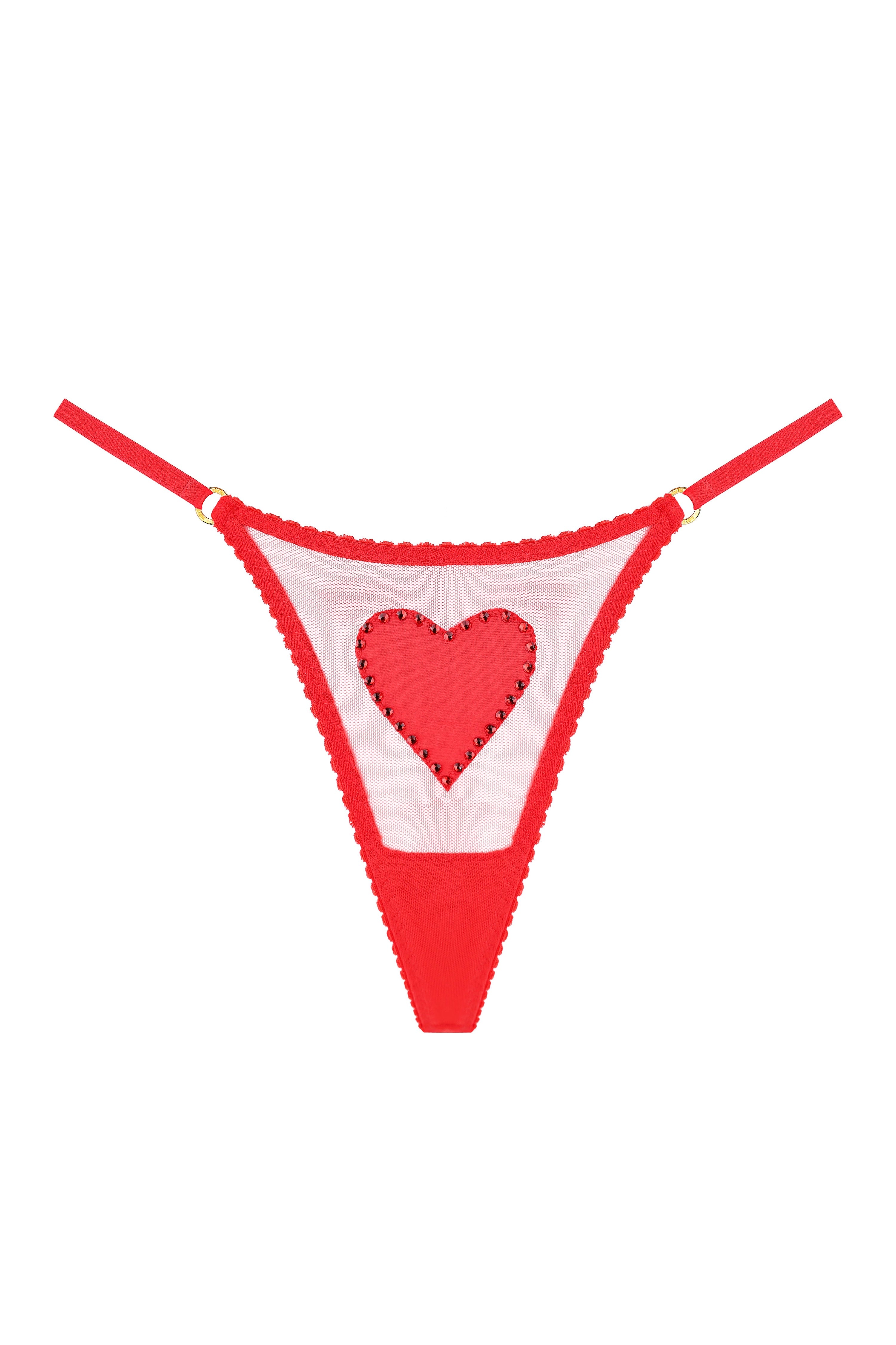 Червоні трусики з сітки з серцем кристалів.