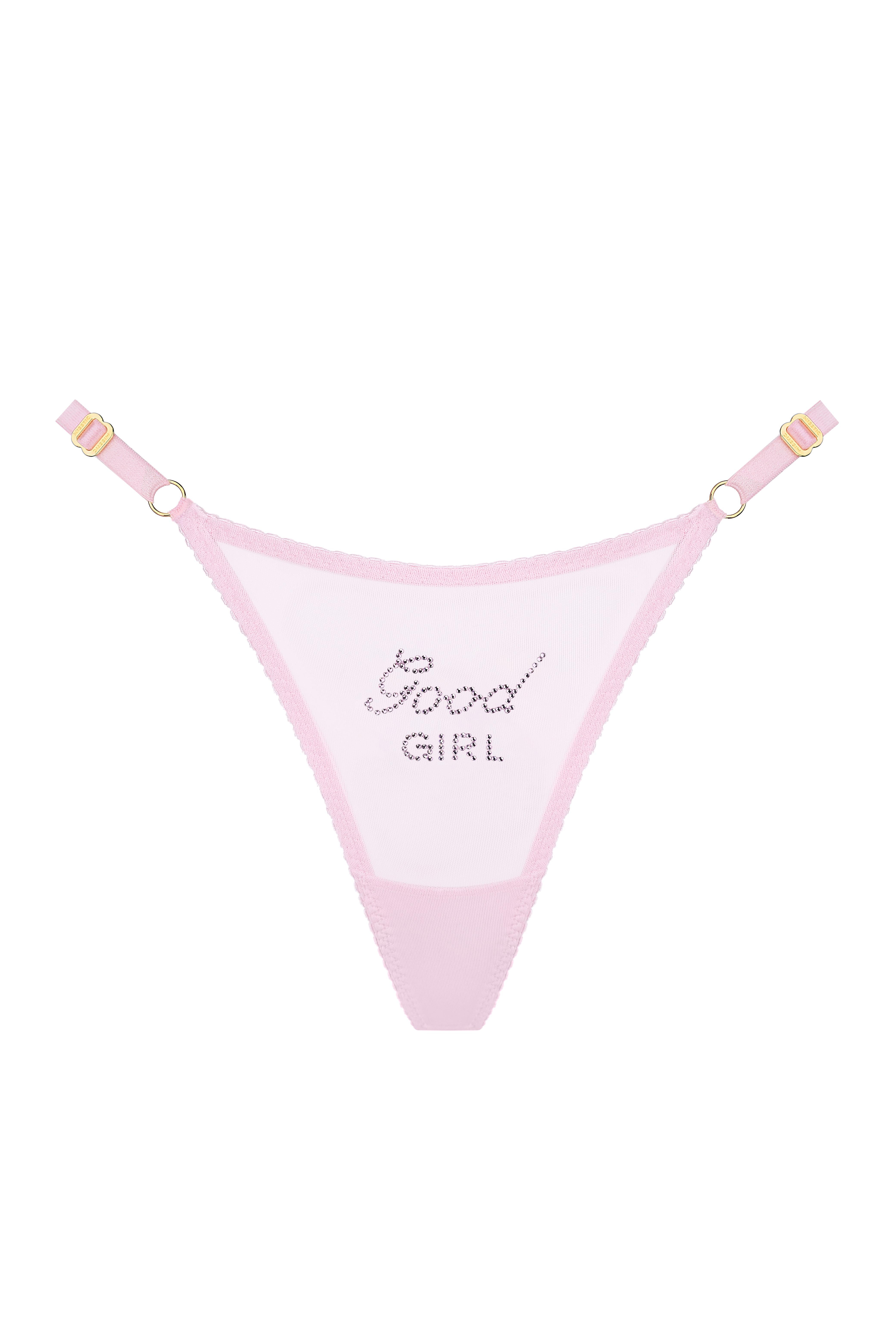 Рожеві трусики з сітки з написом Good Girl зі страз.